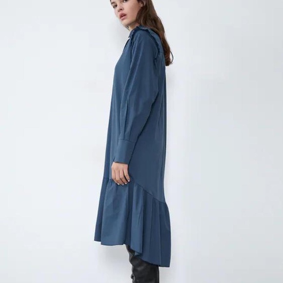 ZARA Ruffle-Shoulder Blue Shirt Dress – Size S - Picture 3 of 4